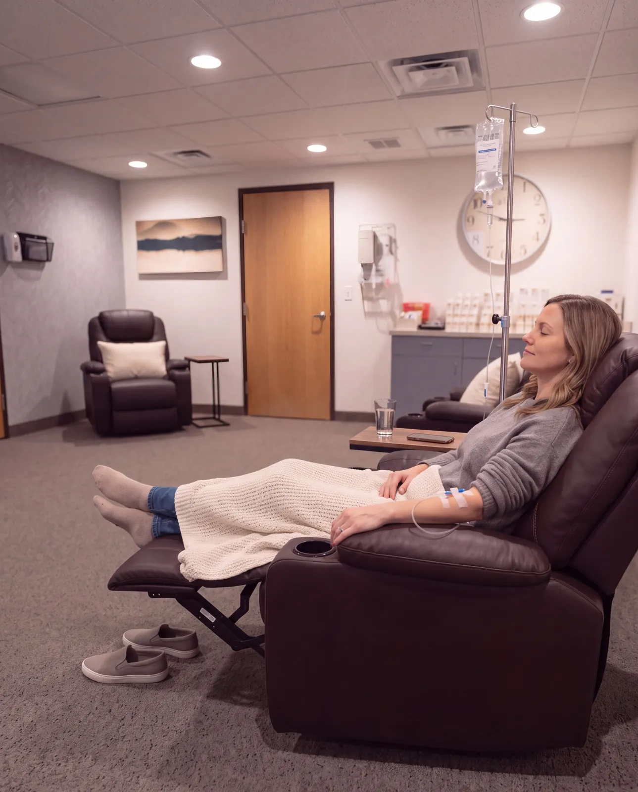 Patient relaxing in a recliner during an IV infusion at Gem State Infusion