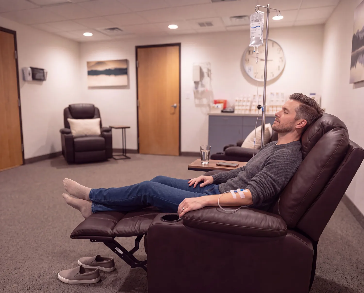 Patient relaxing in a recliner during an infusion