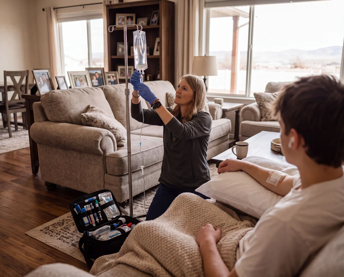 Nurse setting up an infusion in a patient's home